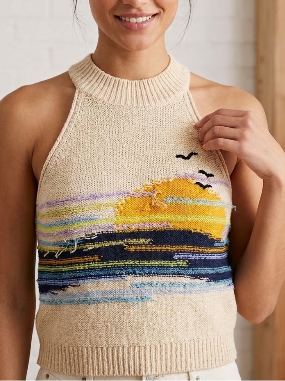 Pilcro Sunset Ocean Knit Halter Top Sun Birds Landscape Graphic Tank Medium